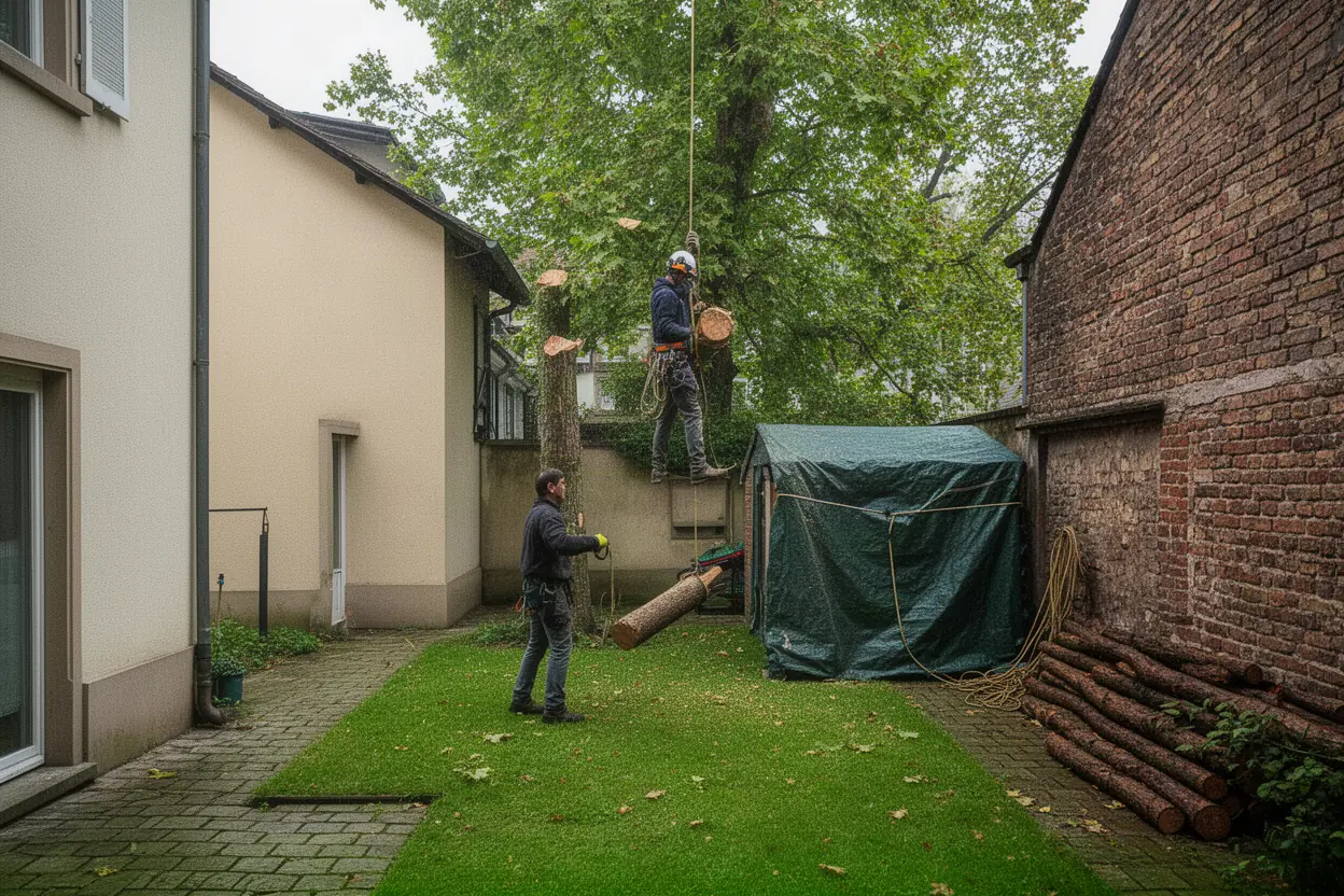 Élagueur démontant un arbre dangereux dans une cour à Strasbourg