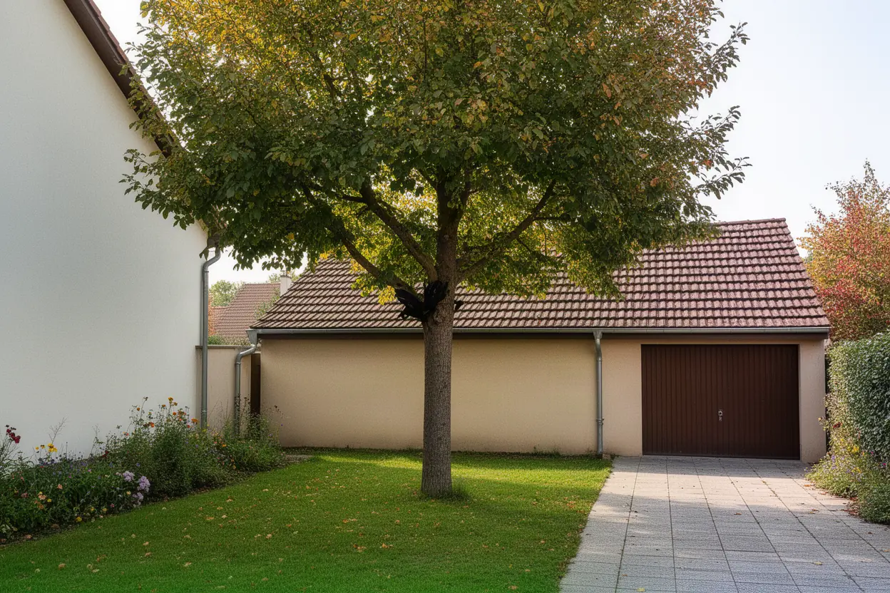 Arbre incliné menaçant un garage à Bischheim