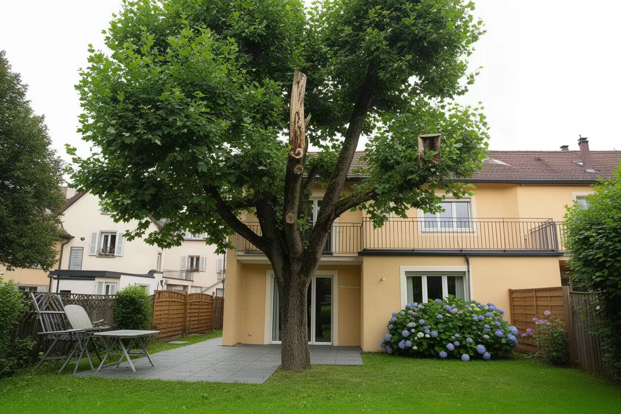 Tilleul dense avant taille sanitaire dans un jardin à Strasbourg