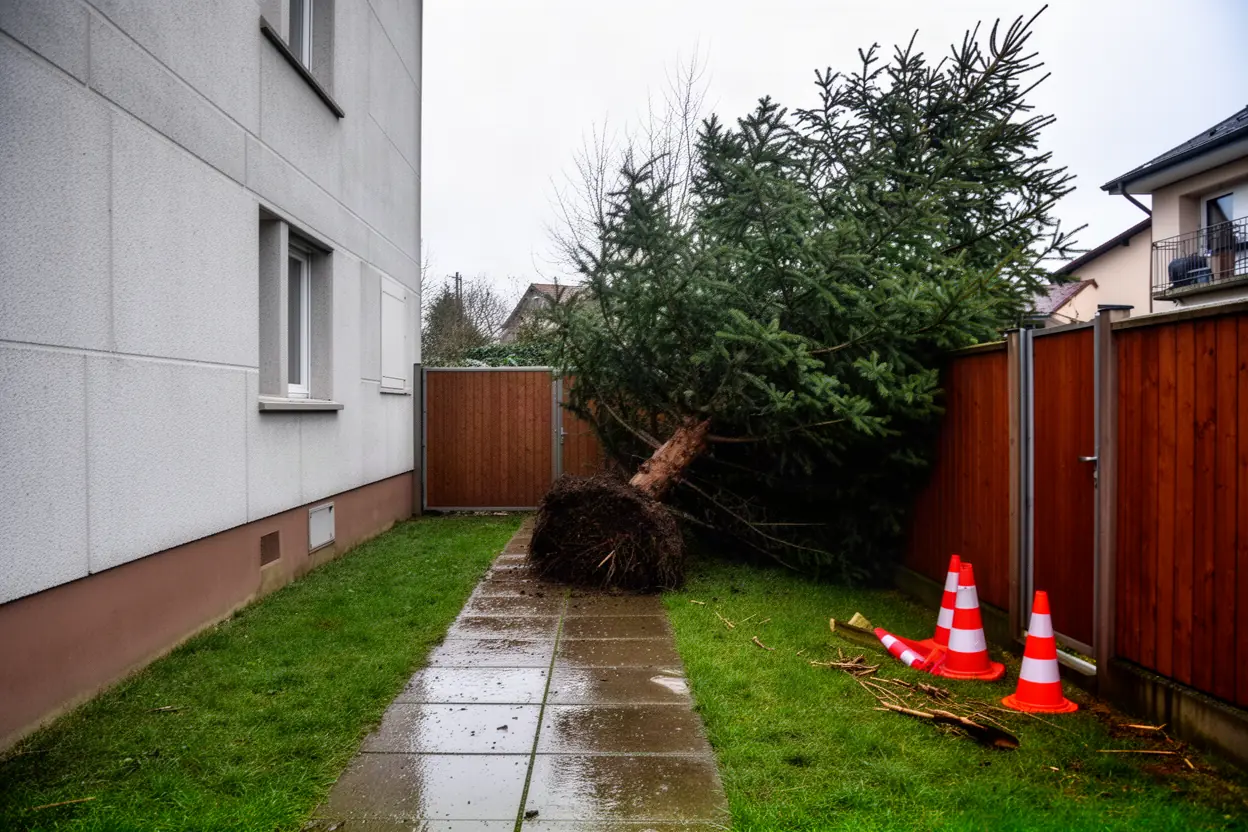 Sapin incliné près d'une clôture à Ostwald