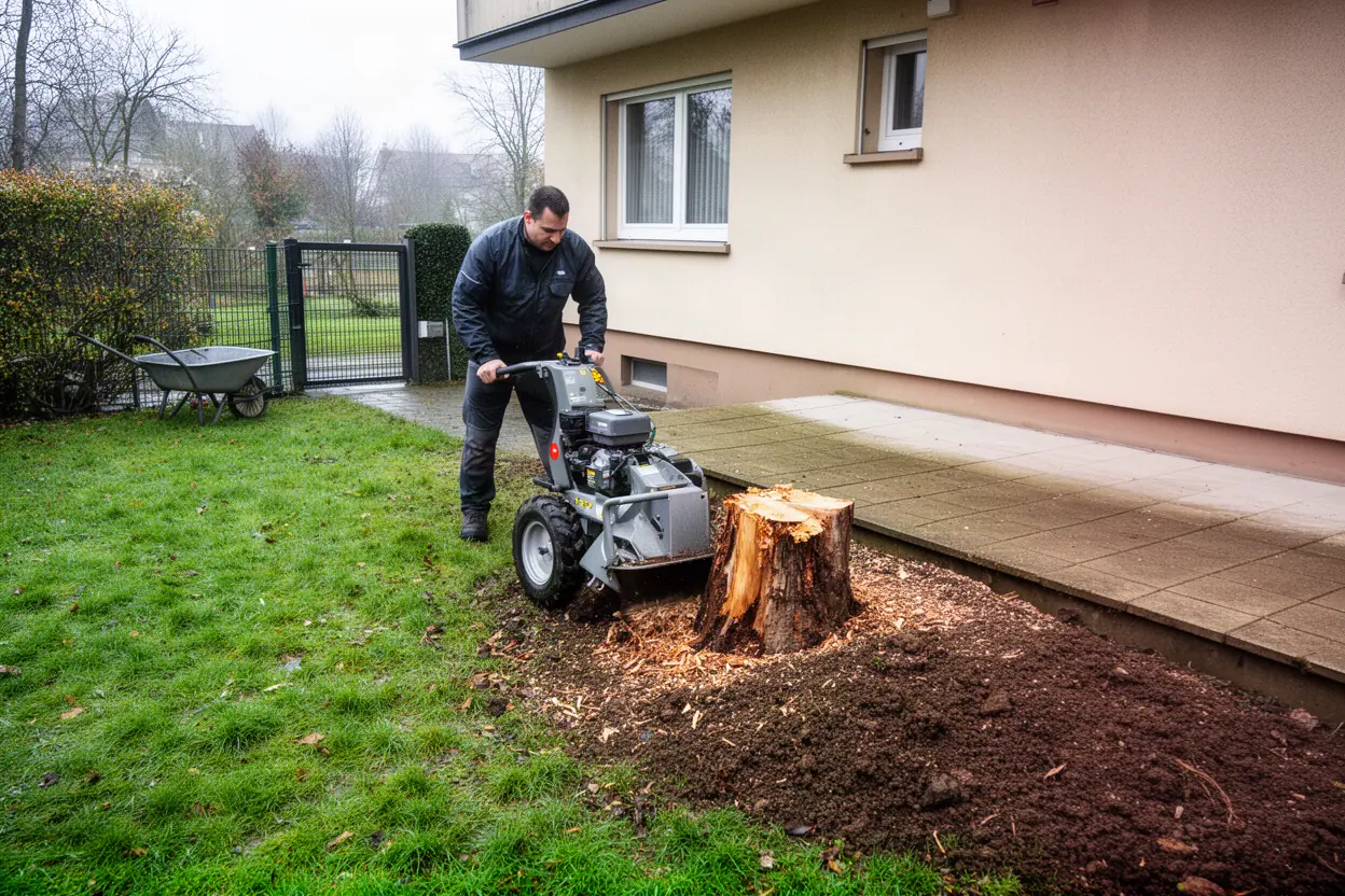Rogneuse retirant une souche dans un jardin de Strasbourg