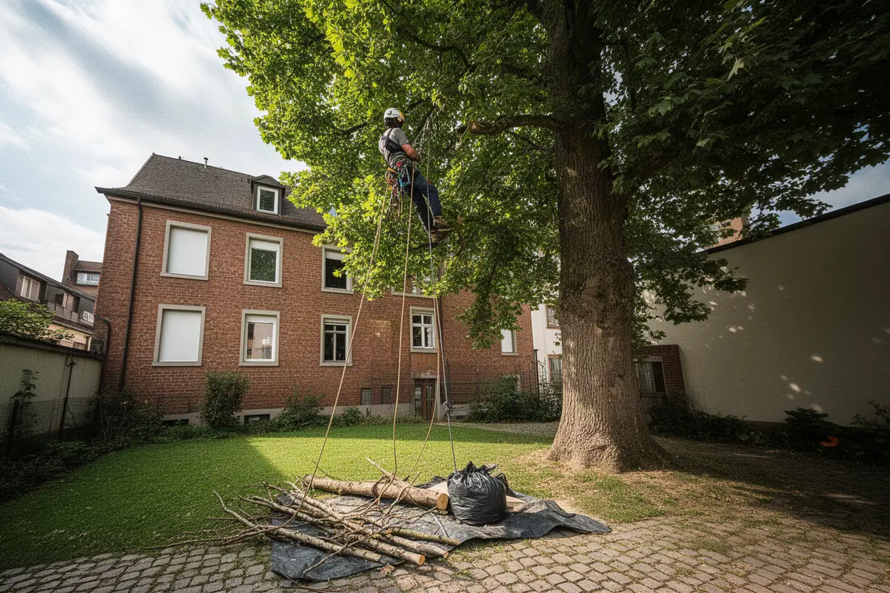 Élagueur grimpeur travaillant sur cordes dans un arbre à Ostwald