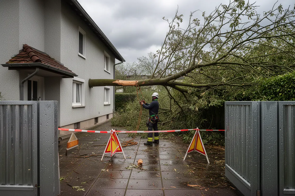 Arboriste sécurisant une branche cassée après tempête à Strasbourg
